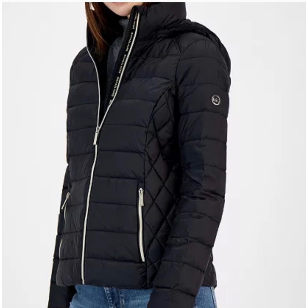 Michael Kors Puffer Jacket Women Medium Black Packable Down Quilted Zip